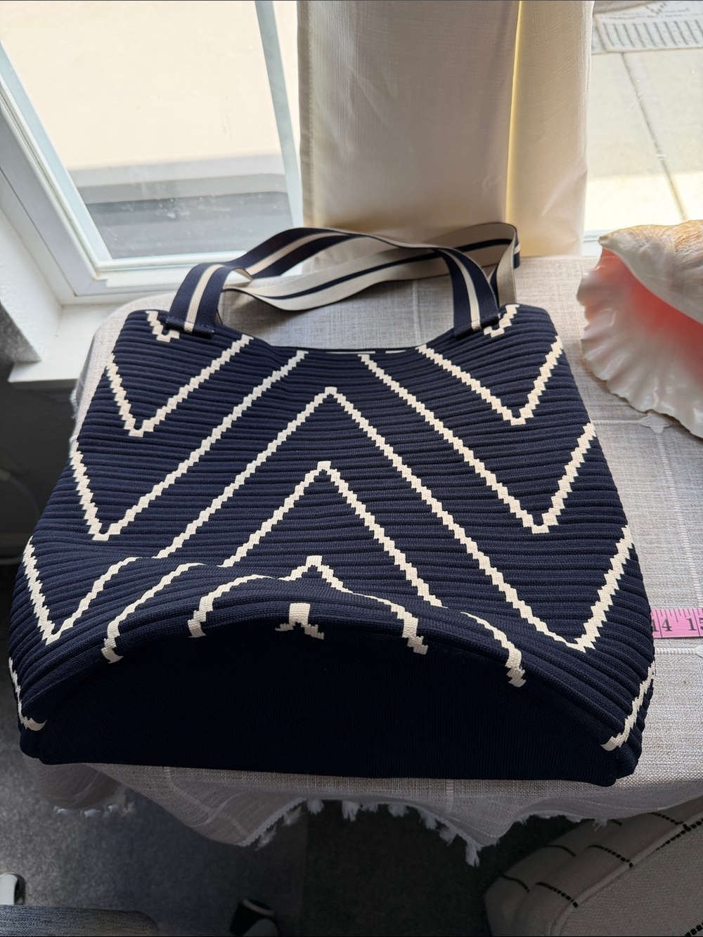 Navy Chevron Stripe Tote Bag with Contrasting Handles